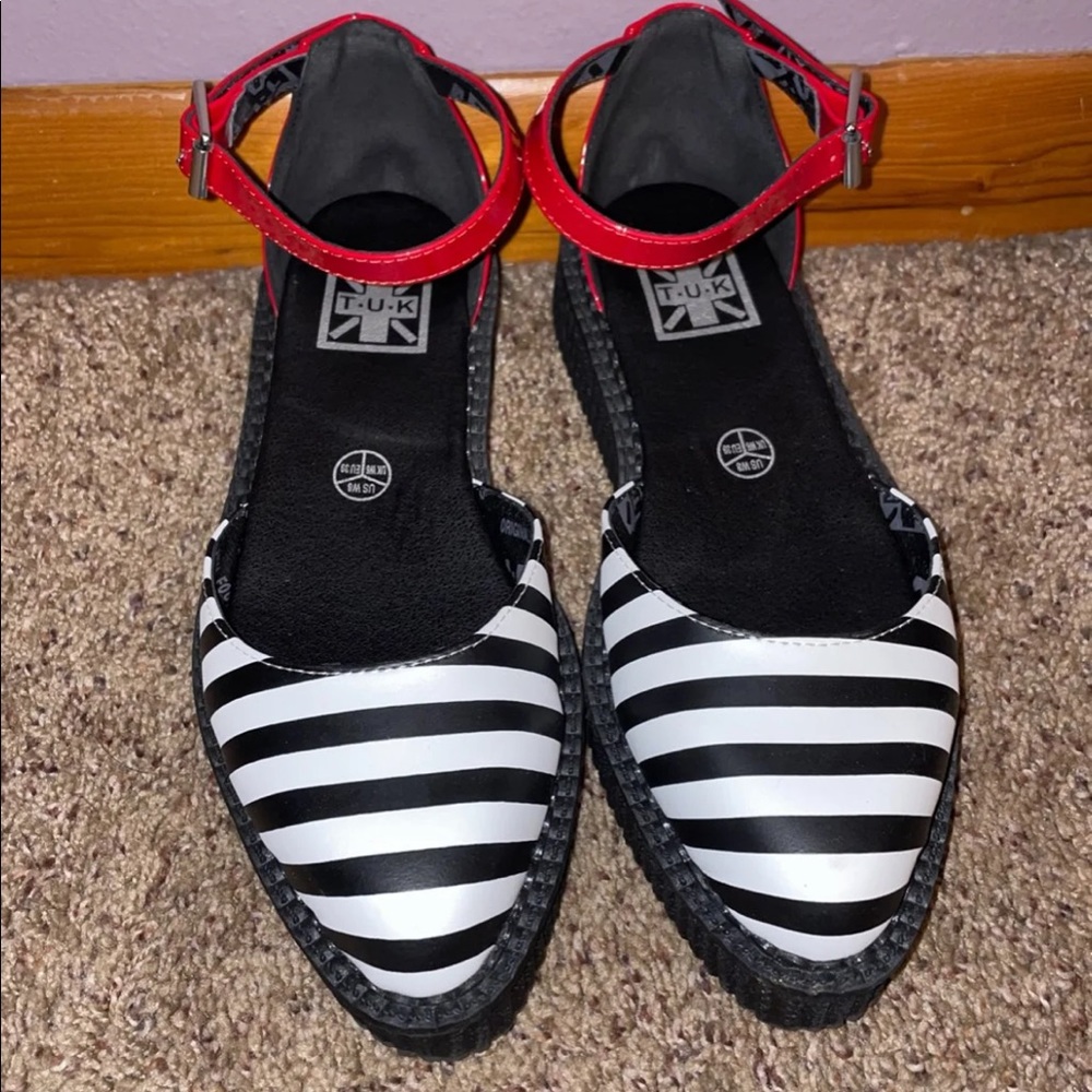 T.U.K. B/W Stripe and Red patent Pointed Sandal